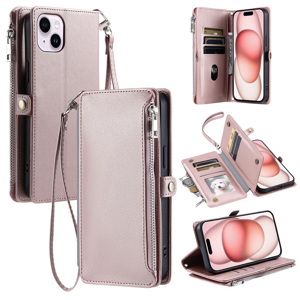 015 Style For iPhone 15 Leather Case Zipper Pocket Shockproof Phone Cover