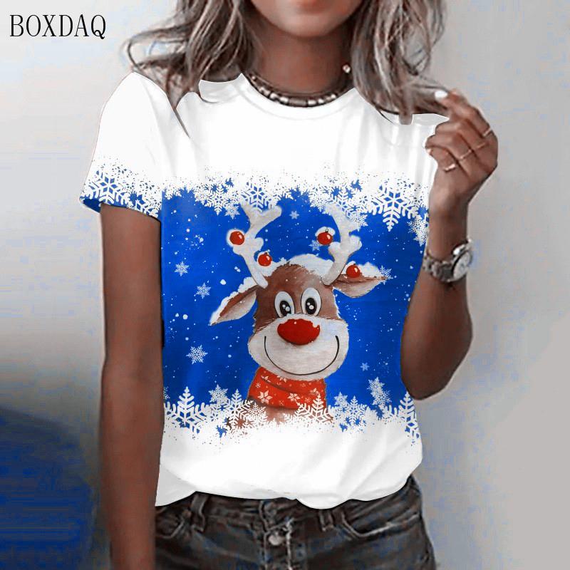 Short Sleeve Christmas Deer Pattern Women Street T-Shirts Oversized O-Neck 3d Printed Christmas Festival Ladies Casual Tops