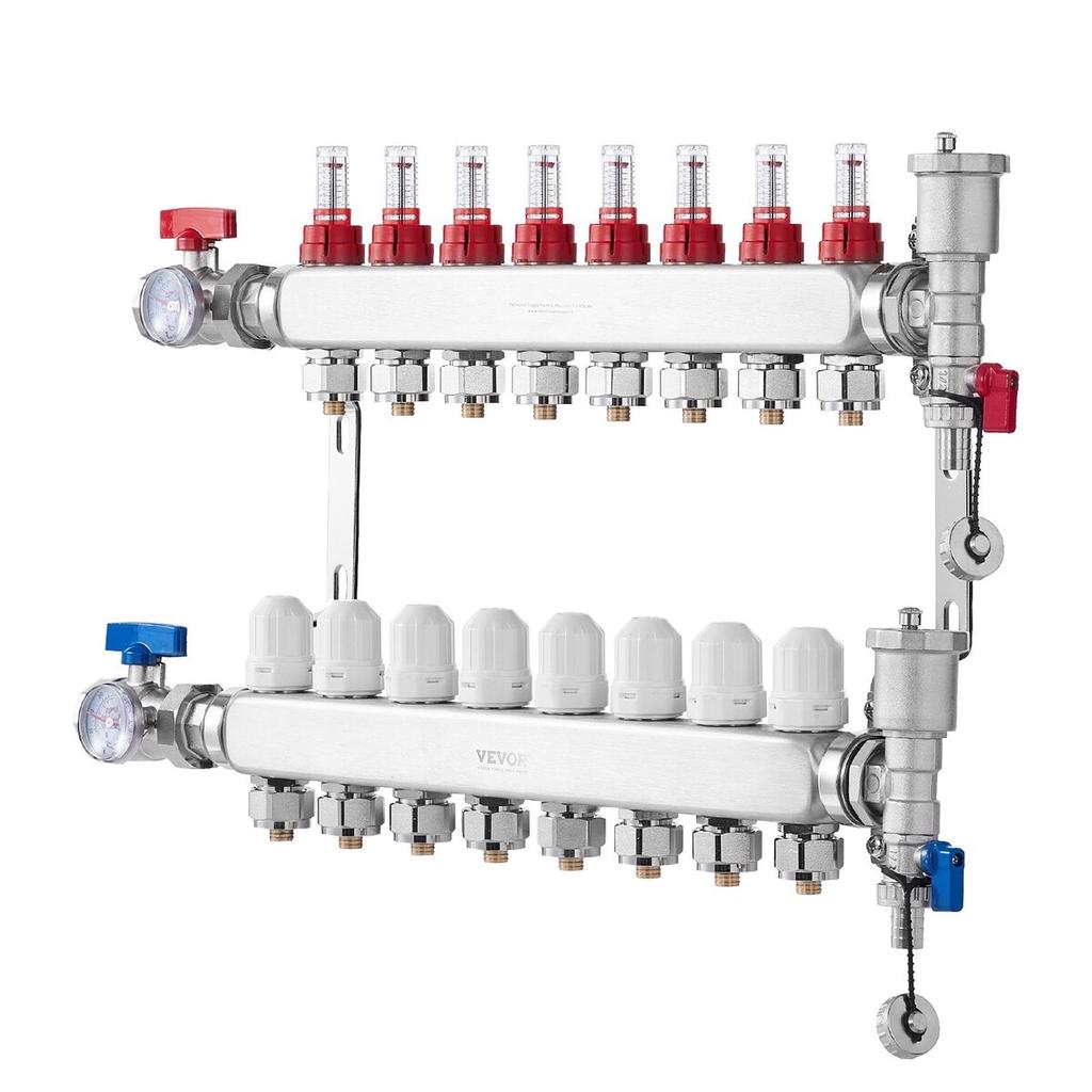 8-Branch Radiant Heat Manifold 1/2" PEX Tubing Floor Heating Manifold Set