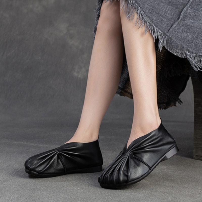 Johnature Ретро Плиссированные Балетки Ручной Работы из Натуральной Кожи с Круглым Носком на Мягкой Подошве Легкие Женские Слипоны