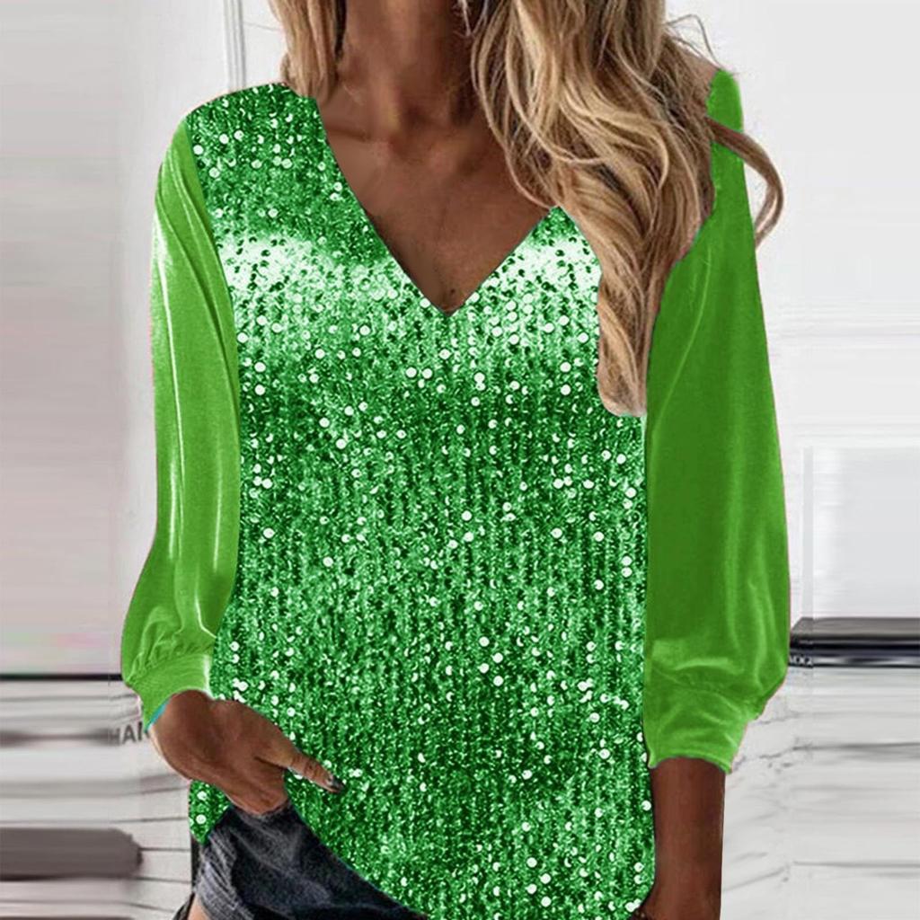 Womens Sequin Tops V Neck Sparkly Glitter Blouses Loose Long Sleeve Holiday Evening Party Shiny Dressy Shirts