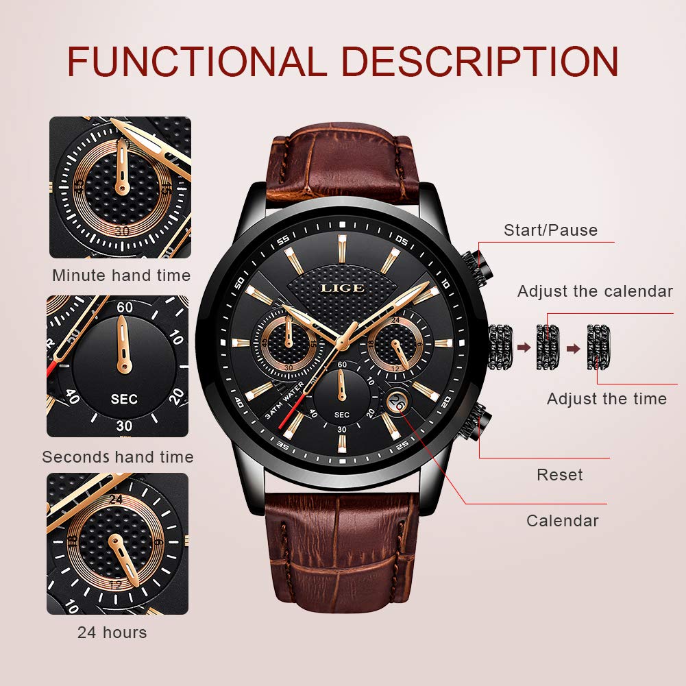 Часы LIGE кожаный ремешок черный стандартный часы LG9866G мужские мужские