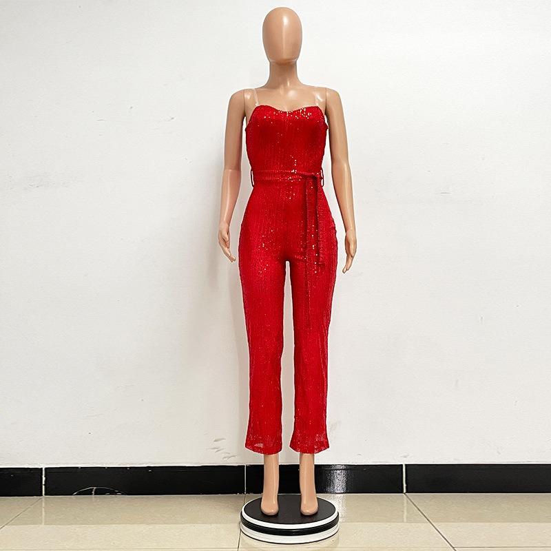 Женский комбинезон без рукавов с поясом из пайеток, однотонный, с открытой грудью и спиной