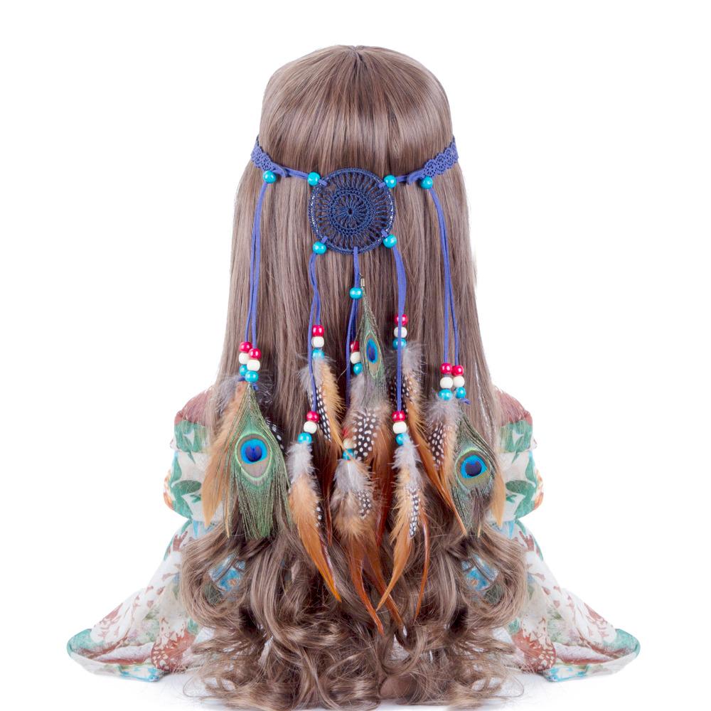 Haimeikang Bohemian Hippie Headband Dream Catcher Feather Headdress Fashion Peacock Feather Headbands Hair Accessories