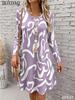 New Fashion Women's Autumn Dresses Long Sleeve Round Neck Abstract Pattern Printed Casual Loose Dress
