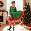 8 Pcs Women Christmas Elf Costume Set Green Xmas Dress Festive Outfit with Elf Ears Hat Shoes Belt Striped Socks