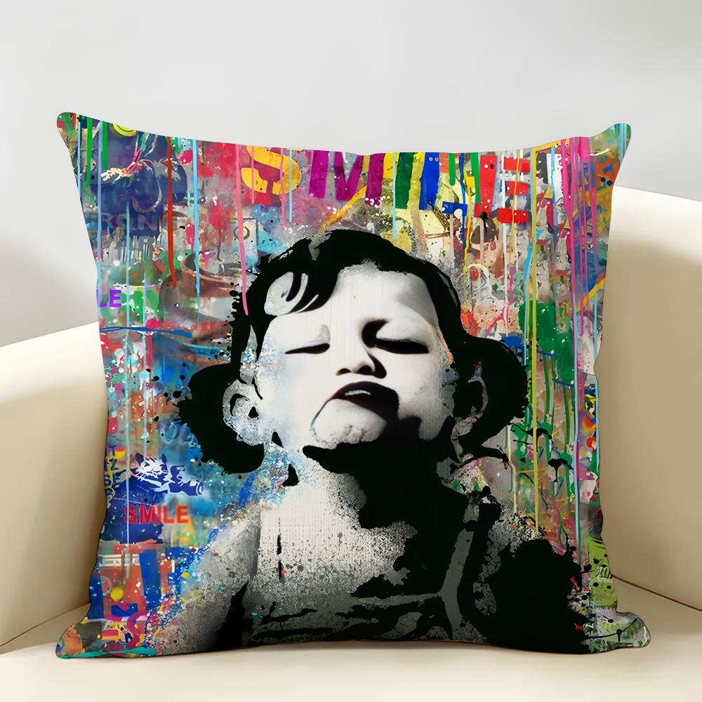 BBanksy Graffiti Mr BBrainwash Cushion Cover Natural Linen Organic Fabric DoubleSided Printing Room Sofa Decor Pillow Case
