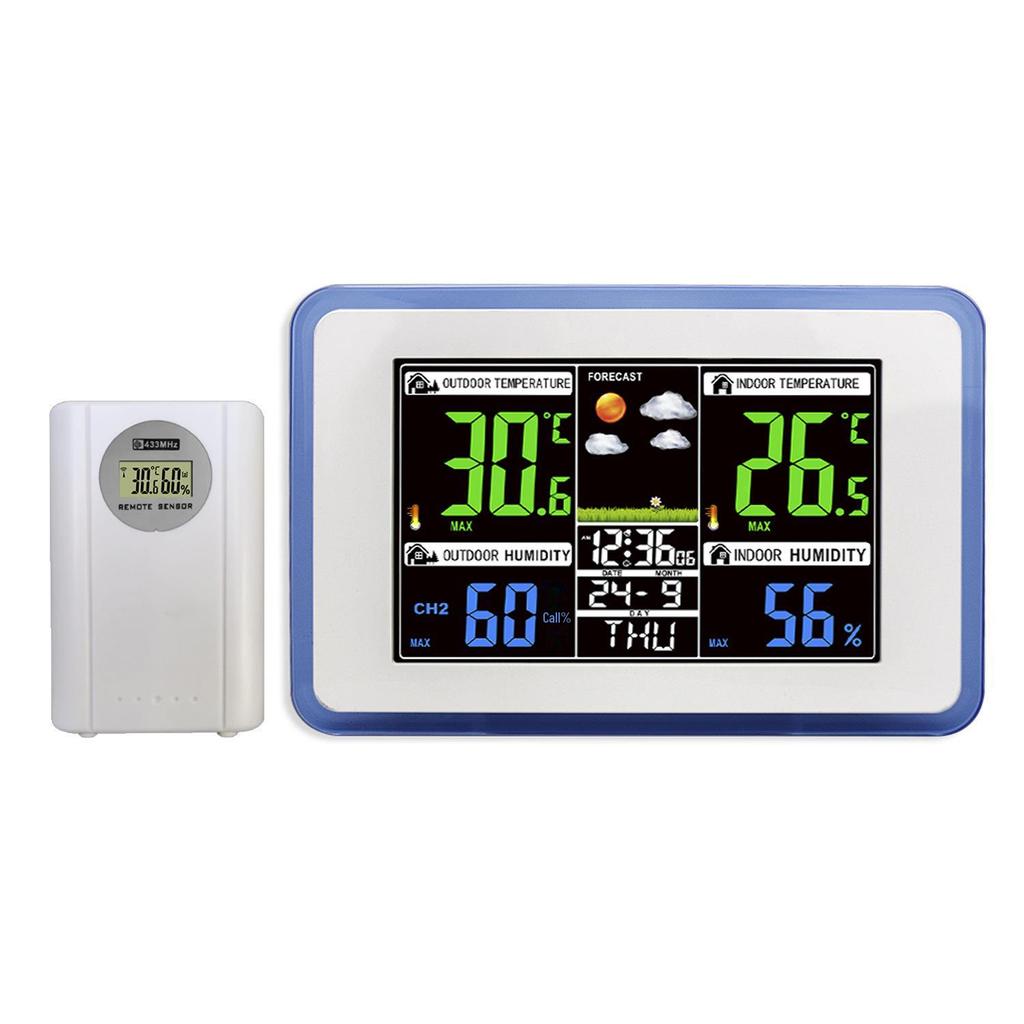 «Беспроводные часы с прогнозом погоды 433 МГц, цветным дисплеем, контролем температуры и влажности в помещении и на улице, а также двойным будильником»