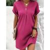 Elegant Two Buttons Decoration V Neck Pullover Dresses Women Solid Color Short Sleeve Dress Summer Female Daily Casual Mini Gown