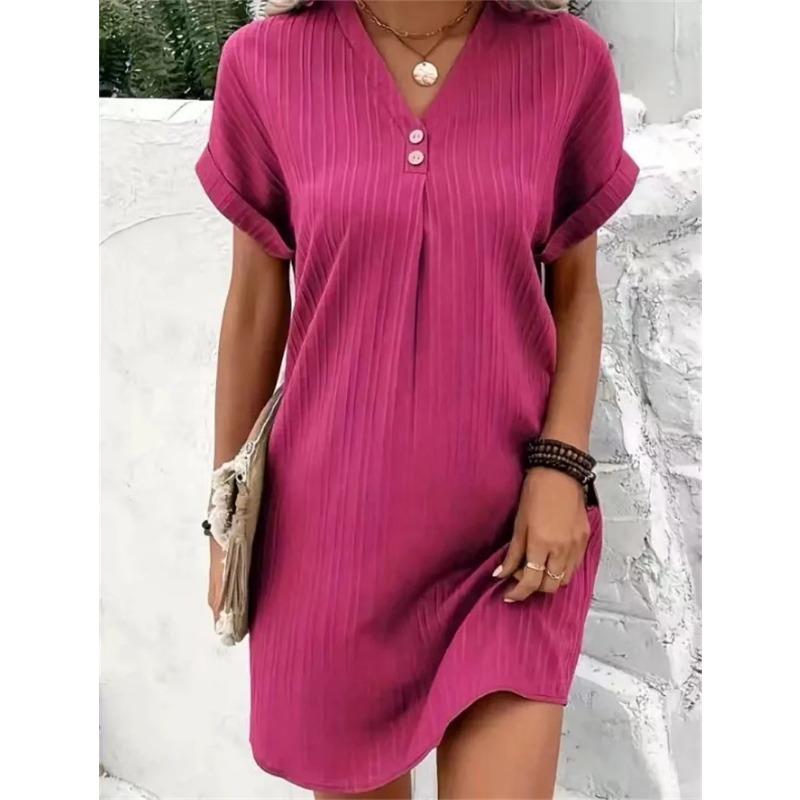 Elegant Two Buttons Decoration V Neck Pullover Dresses Women Solid Color Short Sleeve Dress Summer Female Daily Casual Mini Gown