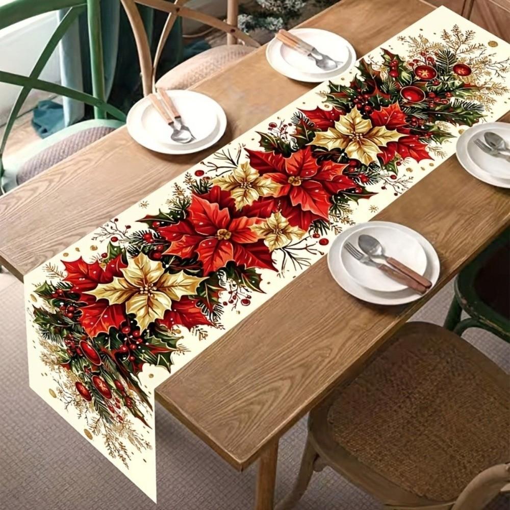 Santa Snowman Christmas Tablecloth Reindeer Poinsettia Table Runner Xmas Table Flag Kitchen