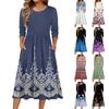 3/4 Sleeve Women's Dress Casual Flowy A-Line Midi Tshirt Dresses With Pockets Crewneck Vocation Boho Beach Sundress