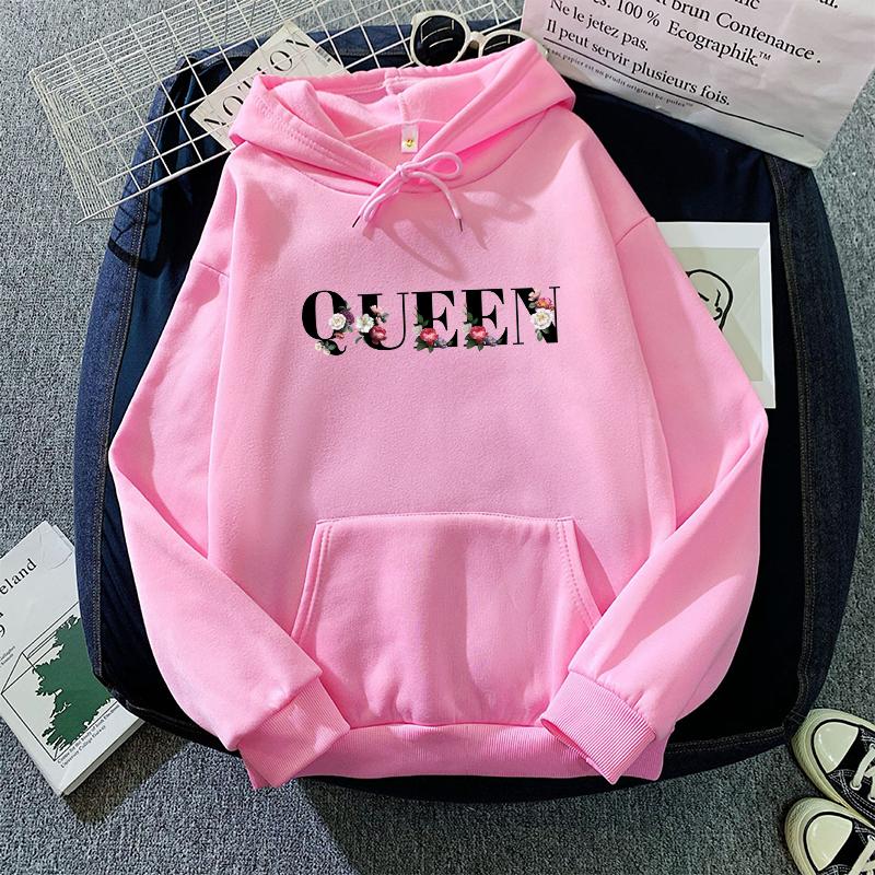 Женские худи Queen Высокое качество Цветочный принт с буквами С капюшоном Пуловер Женская городская повседневная мода Теплое худи