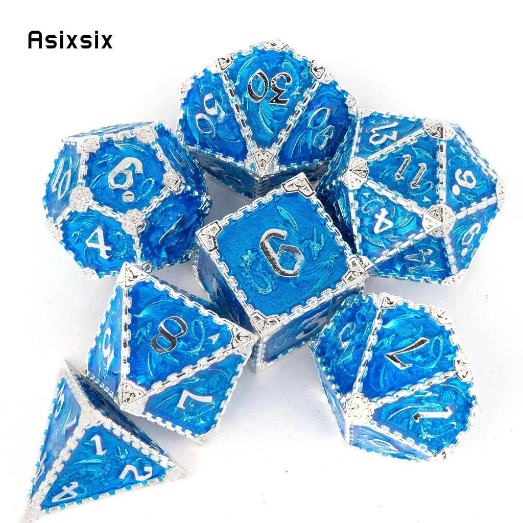 7 Pcs Blue White Dragon Metal Dice Solid Metal Polyhedral Dice Set Suitable for Role-Playing RPG Board Game Card Game