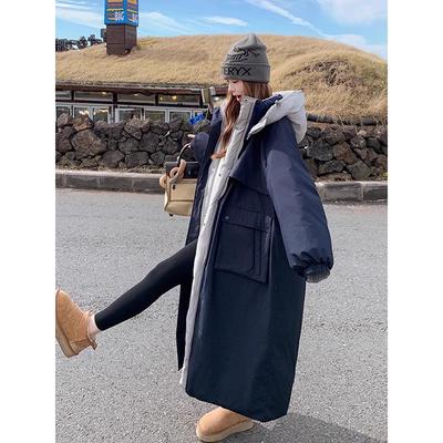 Двусторонняя контрастная цветная куртка-пуховик для женщин, зимняя, новый дизайн, свободная длинная белая куртка-пуховик с капюшоном