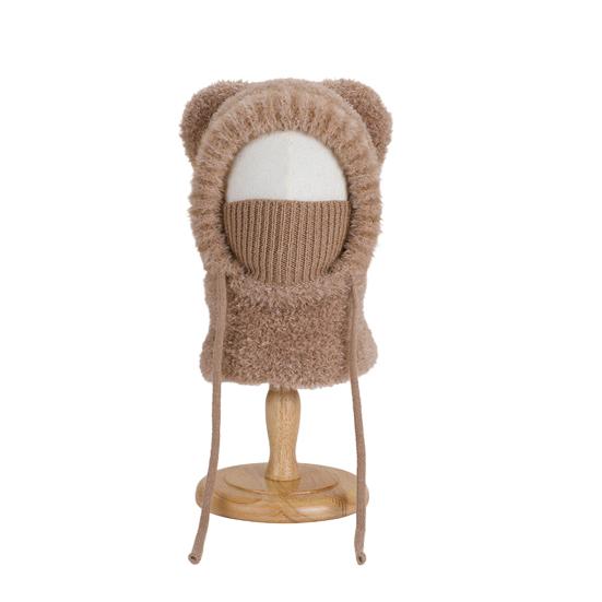 Детская шапка плюшевая с ушками медведя, теплая, ветрозащитная, зимняя, с защитой лица и функцией шейного платка, вертикальный головной убор