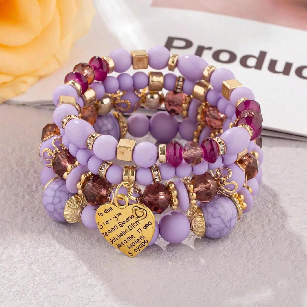 4Pcs Boho Crystal Beads Chain Bracelet Set For Women Vintage Heart Charm Elastic Bangle Men Fashion Party Jewelry