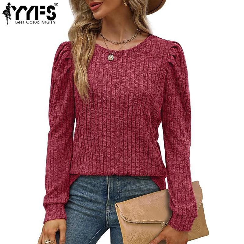 YYFS Женские модные повседневные весенне-осенние однотонные блузки и рубашки с круглым вырезом с длинными рукавами и принтом