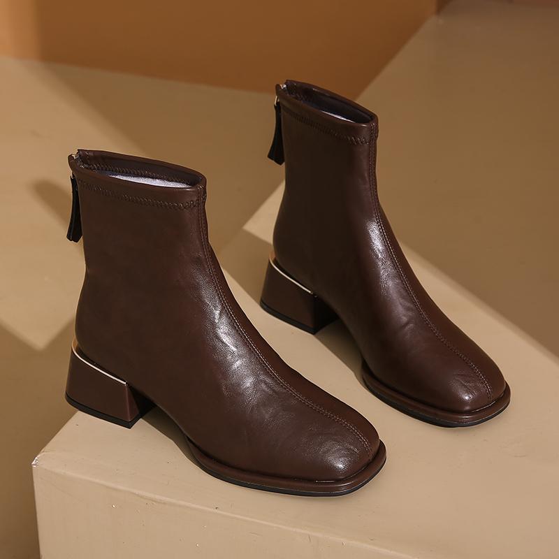 Мода 2024 Весна и Осень Новые Модные Круглые Кожаные Молнии Сзади Универсальные Удобные Женские Ботинки Одиночные Ботинки