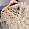 Винтажный вязаный крючком кардиган с V-образным вырезом, женский, летняя мода, ажурный дизайн, повседневный, универсальный, свободный, стройнящий, блузка