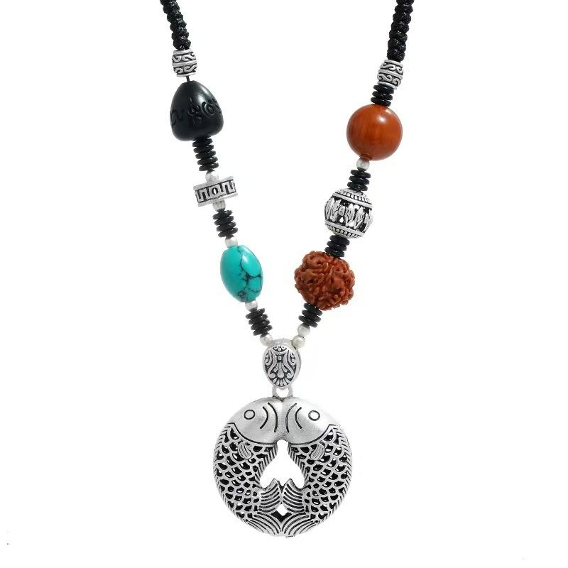 Ретро Ожерелье под Серебро, Женские Украшения, Цепочка на Ключицы Bodhi, Подвеска Мешочек Удачи из Тибетского Серебра, Этническая Цепочка для Свитера.