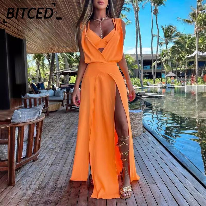 BITCED Женская мода лето весна однотонный принт без рукавов с v-образным вырезом повседневные платья