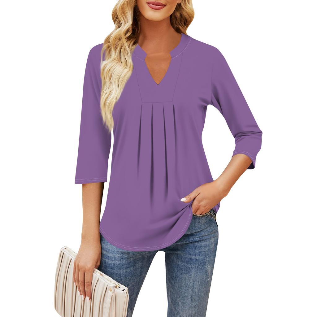 Women's Seven-quarter Sleeve Tops Casual V-neck Chest Ruffles Solid Color Loose T-shirt Tops