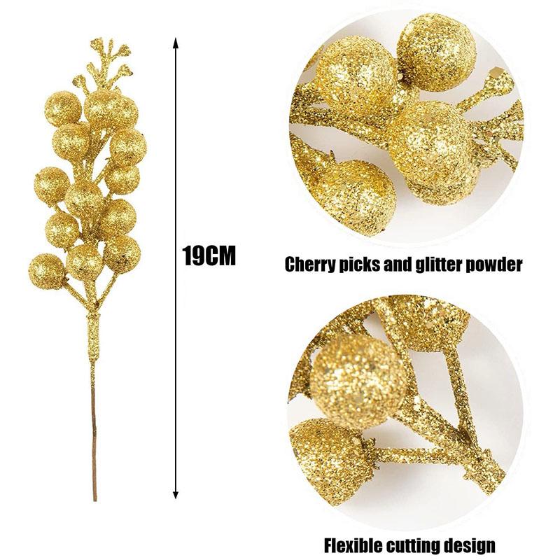 10 шт., рождественские блестящие ягоды, стебли, искусственная рождественская имитация, ягоды Холли, сосновая ветка для украшения елки, праздник, домашний декор