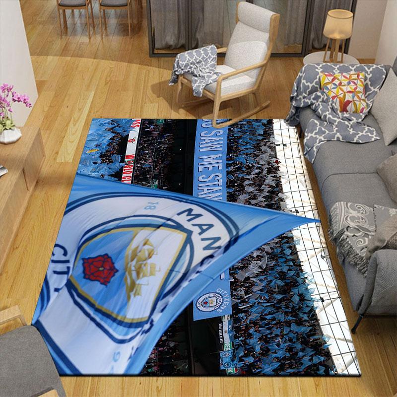 Man City Flannel Printed Carpet, Home Sofa Decoration for Living Room & Bedroom, Non‑Slip Play Flannel Floor Mat for Game Room
