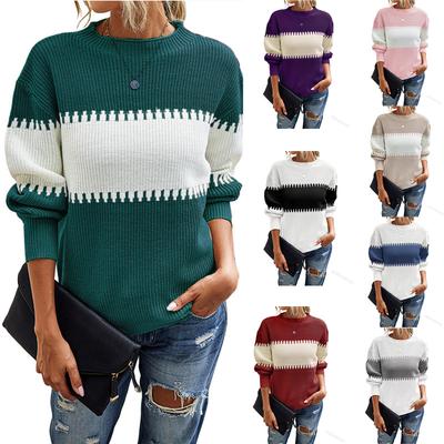 Контрастный полосатый вязаный свитер для женщин, топ с рукавами-колокольчиками, женский топ с круглым вырезом, роскошный, свободного кроя, стройнящий и универсальный