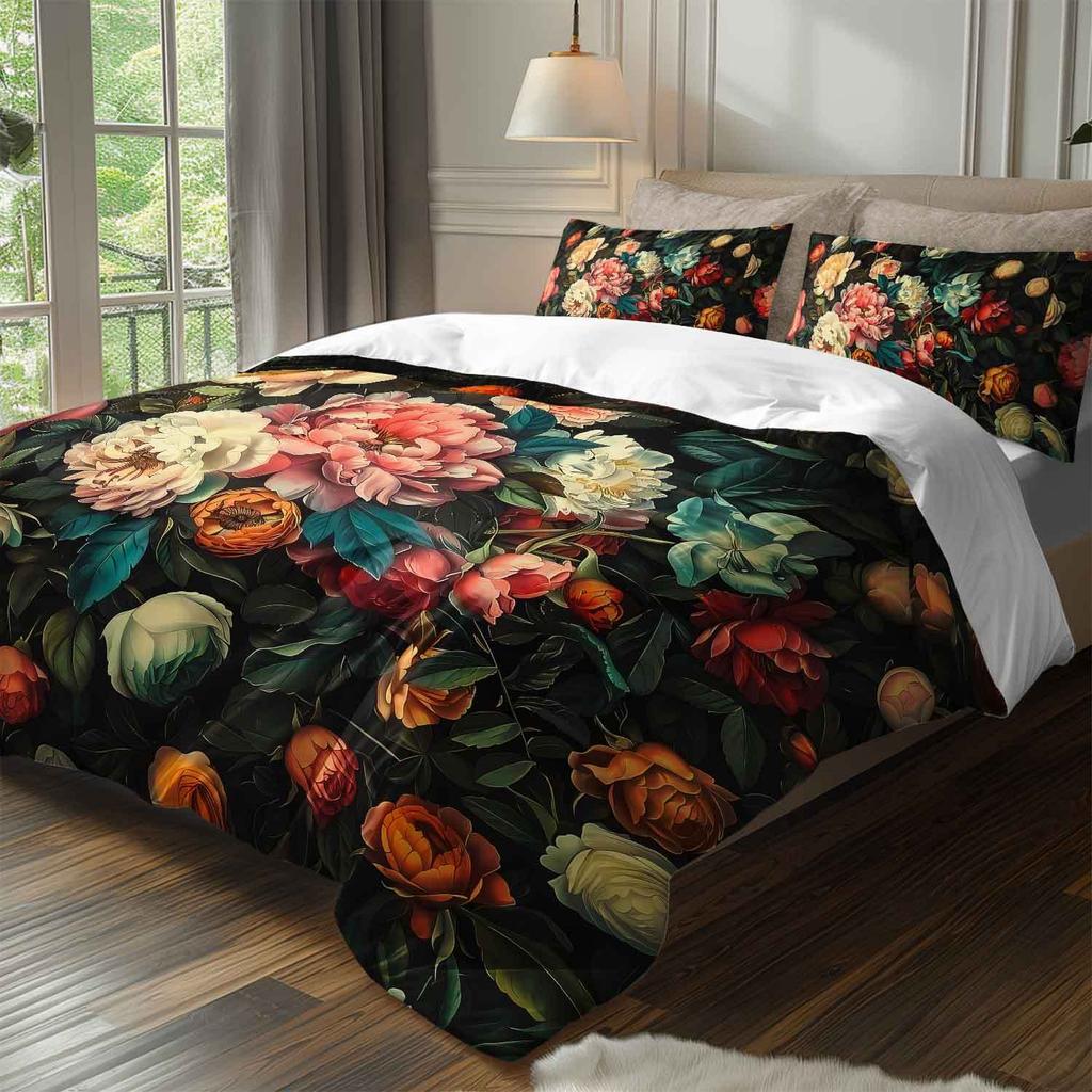 3 шт. Винтажный цветочный комплект постельного белья Пододеяльник Бохо цветочный комплект постельного белья Стеганое одеяло Темный цветочный тематический комплект стеганого одеяла для кровати Роскошный