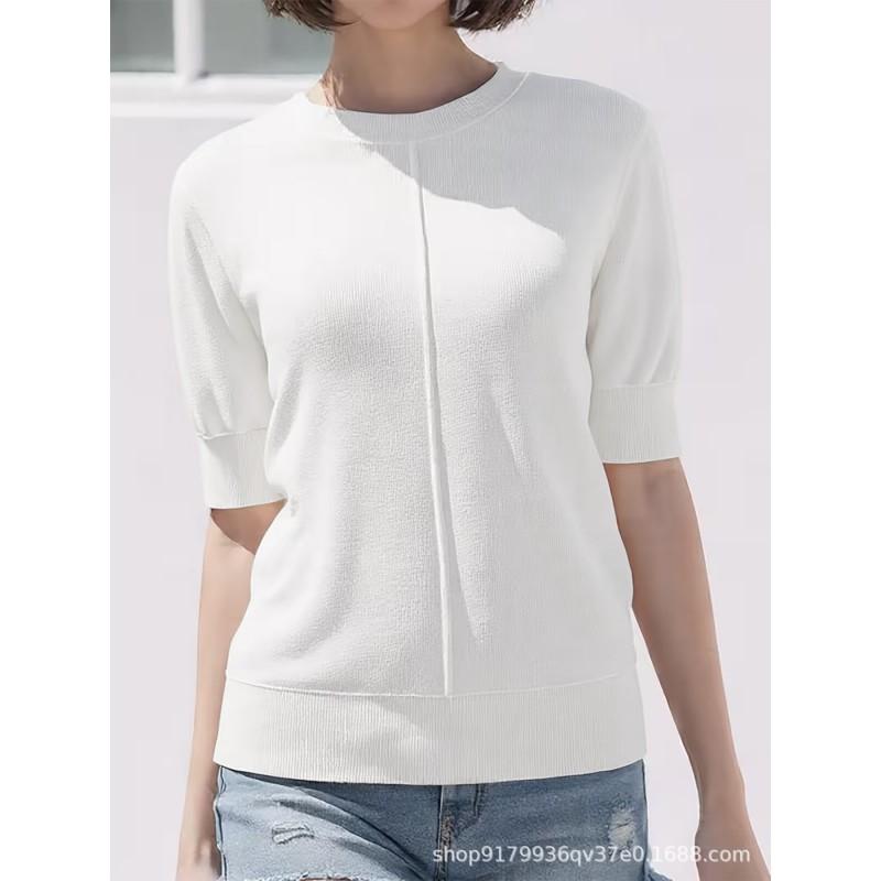 Womens Solid Color Knit Pullover Sweater 2026 Round Neck Short Sleeve Slim Fit Casual Elegant Top