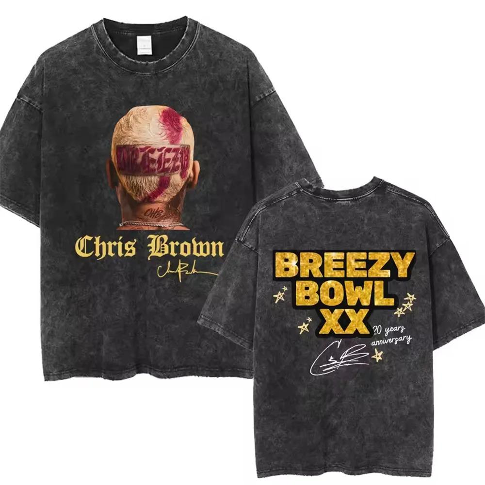 Крис Браун Breezy Bowl XX Концерт Хлопковая Футболка Тур Стирка Футболки Винтажный Готический Топ Мужской Портрет Хип-Хоп Уличная Одежда
