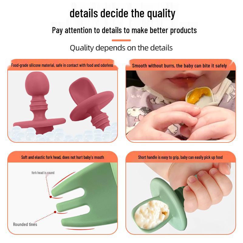 Детский набор вилки и ложки из пищевого силикона - Мягкая короткая вилка и ложка для прикорма и обучения
