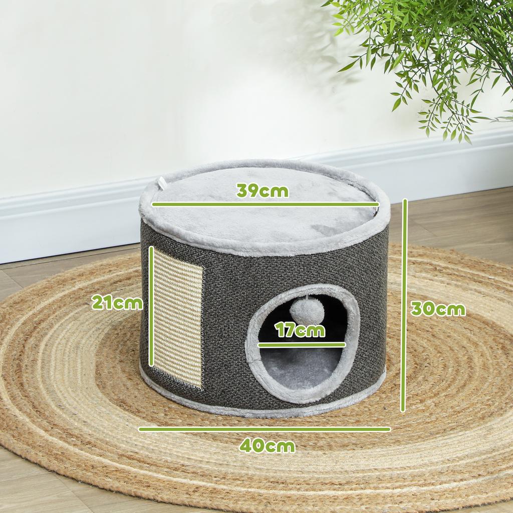 Cat Cave, 2 Levels, Cat House, Plush, Cushion, Sisal Scratching Board, diameter 40 x 30H cm, Dark Grey