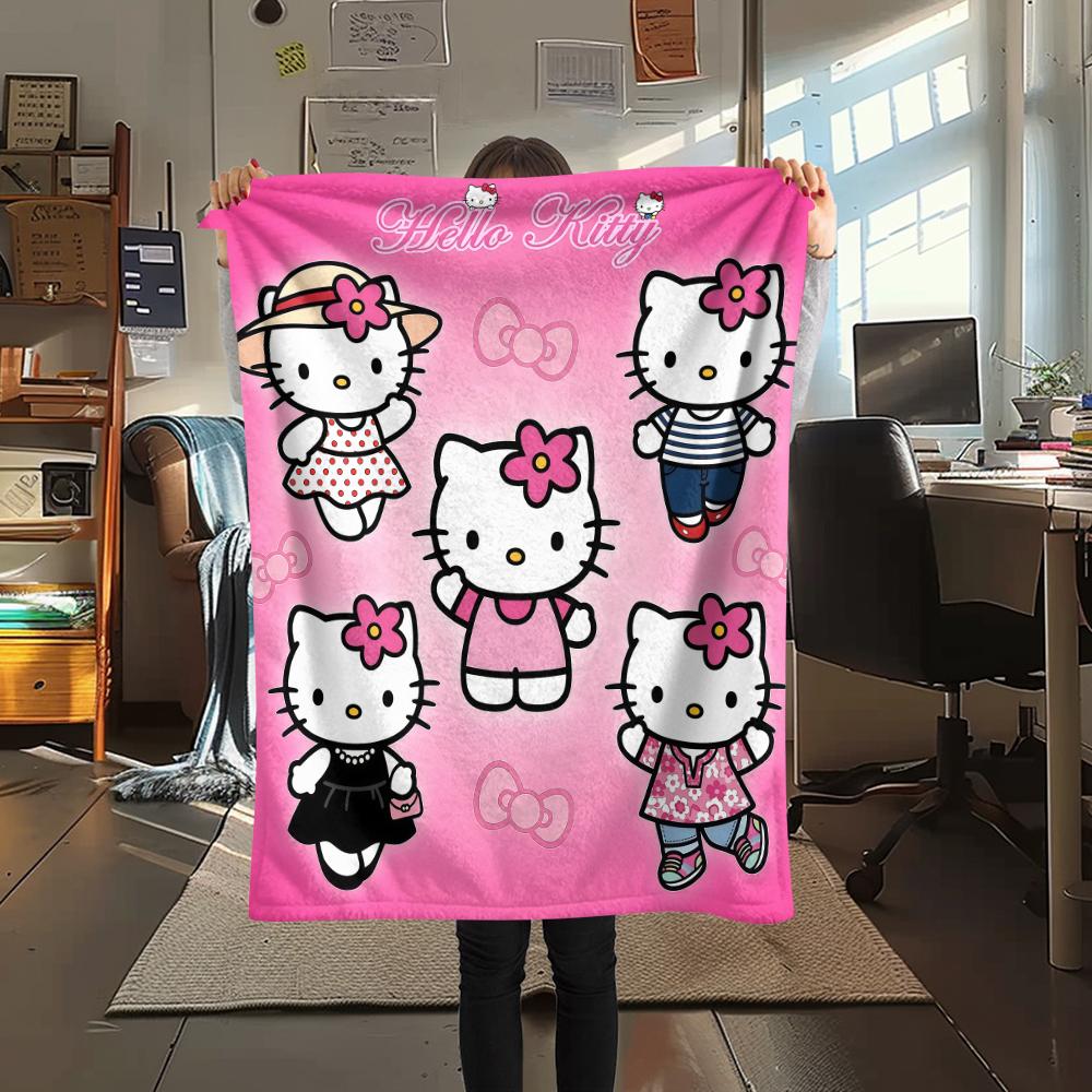 1 шт. Фланелевое одеяло с милым принтом Hello Kitty, Высокое качество, Для всех сезонов, Декор для дома, Тепло и уют, Идеально для рождественских подарков