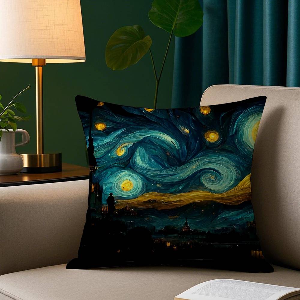 Starry Night Van Gogh Pillow Case Plush Fabric Soft Pillowcase Double Sided Print Sofa Cushion Cover Throw