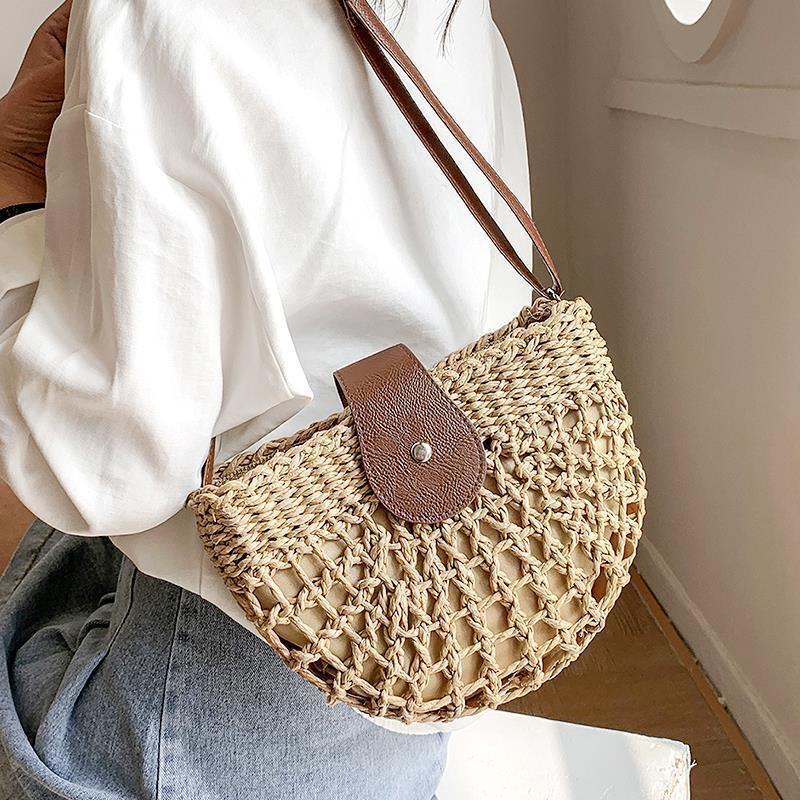 Yogodlns Summer Straw Bag For Women Fashion Semicircle Crossbody Bags Rattan Handmade Messenger Handbag Travel Beach Bags Tote