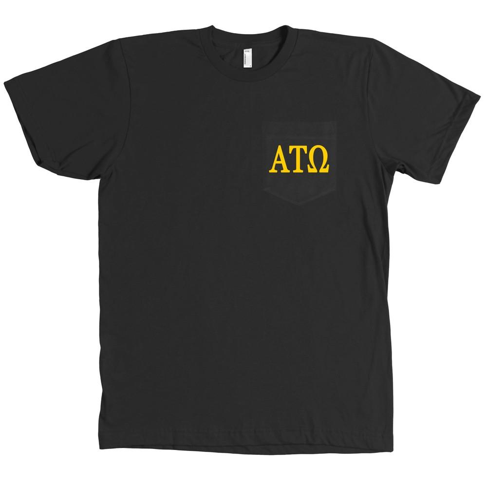Alpha Tau Omega Bella + Canvas POCKET Черная Футболка с Карманом и Буквами Братства НОВАЯ Унисекс Футболка