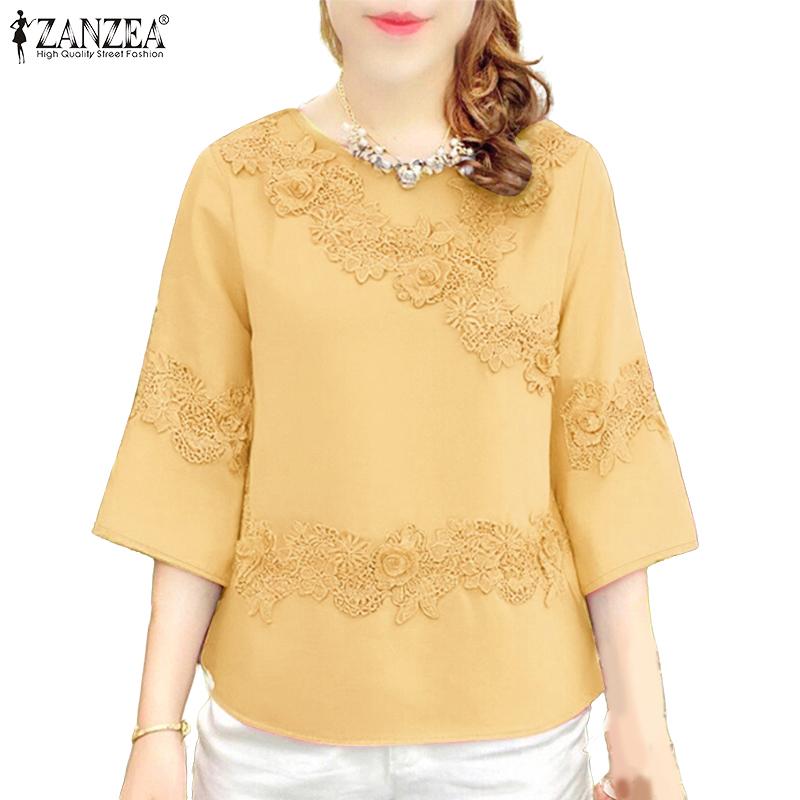 ZANZEA Women Casual Round Neck 3/4 Sleeve Summer Patchwork Blouse