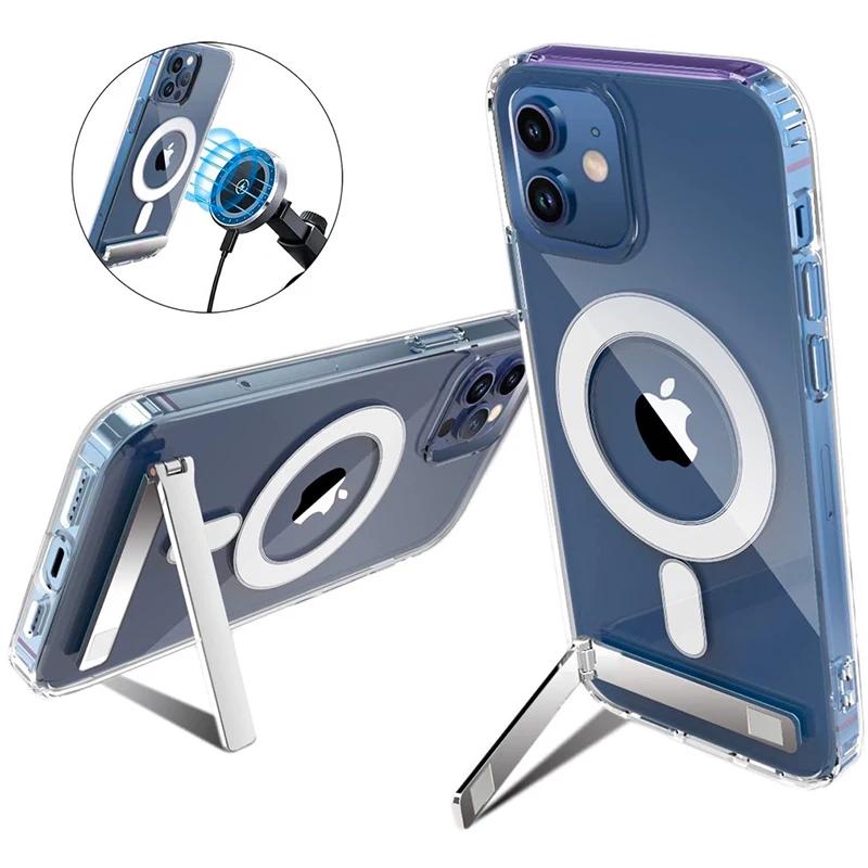 Прозрачный магнитный чехол для телефона с подставкой для IPhone 17 Pro Max Air 16 15 14 Plus 13 12 11 Mini для беспроводной зарядки Задняя крышка