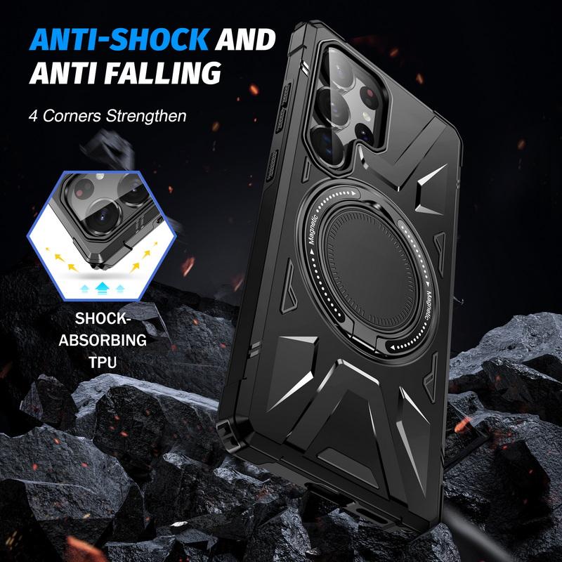 Однотонный чехол для беспроводной зарядки Samsung S25 Ultra S24 S23 FE A55 A35 A15 A54 A14 A34 A24 с металлическим кольцом-подставкой и магнитной противоударной задней крышкой