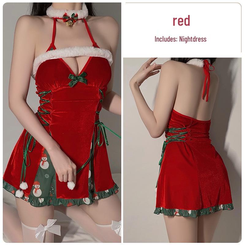 Gorgeous Velvet Deep V Halter Christmas Lingerie Set with Padding 4749