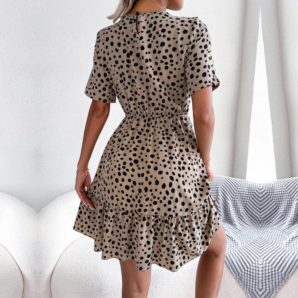 Spring Summer Women Casual O Neck Short Sleeve Polka Dot Waist Ruffle Dress S-XL