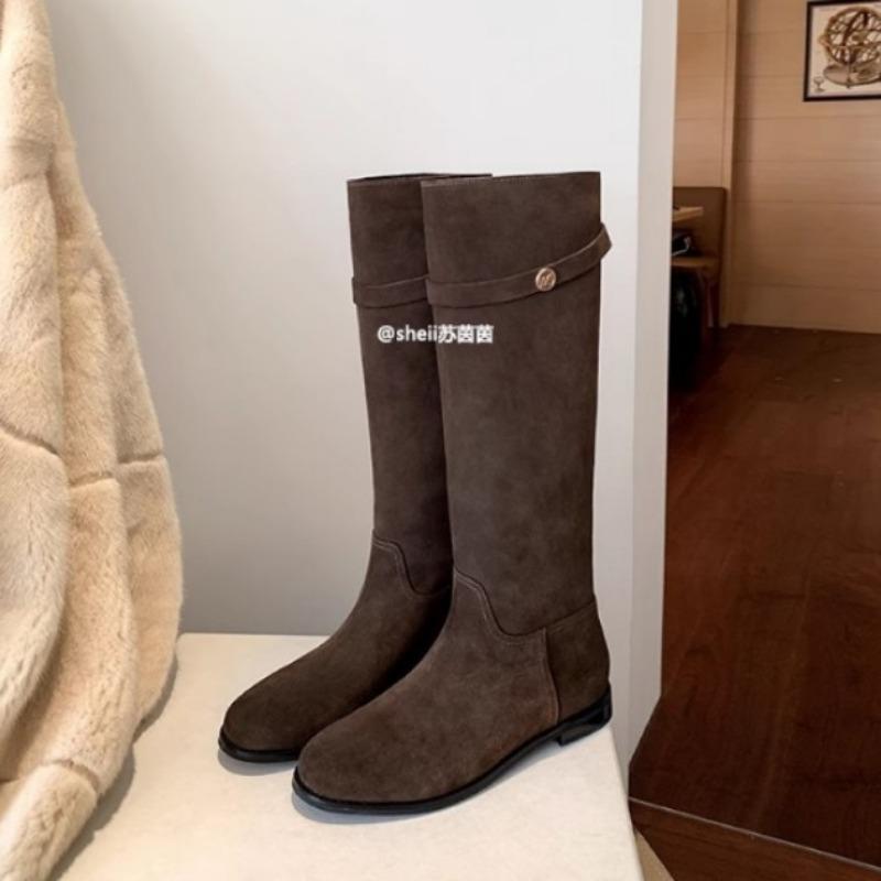 Cowhide Version Retro Small Gold Buckle Leather Platform Boots Women's Belt Buckle Thick Heel Knight Boots Tall Boots Long Boots