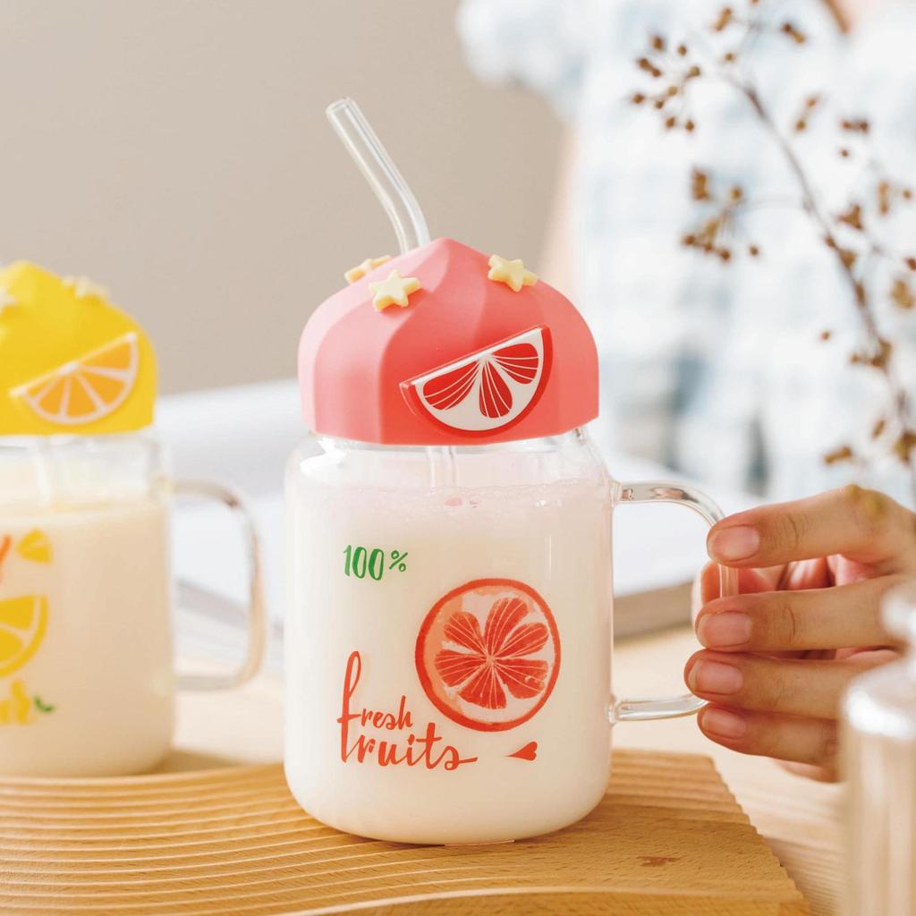 Beautiful Summer Transparent Fruit High Temperature Glass Cup Cute Large Capacity Cover Straw Student Female Milk Breakfast Cup Office