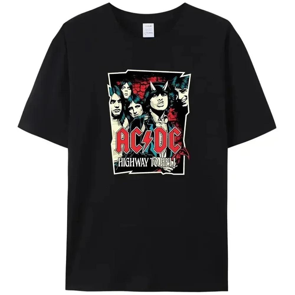 Retro Men's AC-DC Printed Black Cotton Shirt Men's Comfortable Casual Street Popular Hell's Bell T-shirt Man Clothes Top Tees