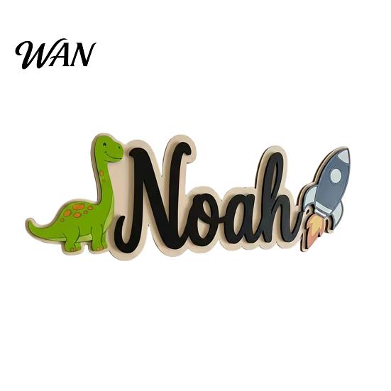 Soft Color Kids Door Decor Personalized Name Sign Dinosaur Rocket Wooden for Boys For Custom Nursery Hanging Wall Bedroom Playroom