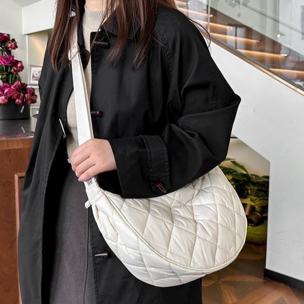 Quilted Half Moon Bag Padded Nylon Shoulder Bag Fashion Plaid Crossbody Bag Female