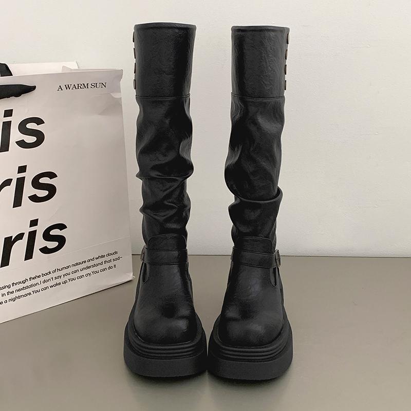 Мода Винтаж Коричневый Женщины Вестерн Ковбойские сапоги Мода Slip On Рыцарь Длинные Ботильоны Дамы Платформа Толстый Каблук Botas Mujer